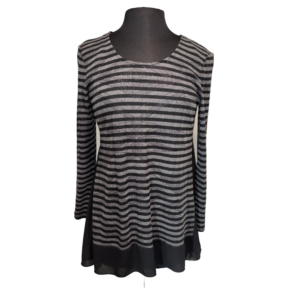 Mode de Vie Striped Tunic Size Medium Grey‎ Black Chiffon Trim Lagenlook Top NWT